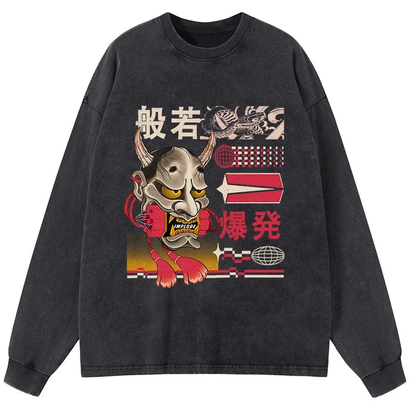 Tokyo-Tiger Hannya Mask Japanese Washed Long Sleeve T-Shirt