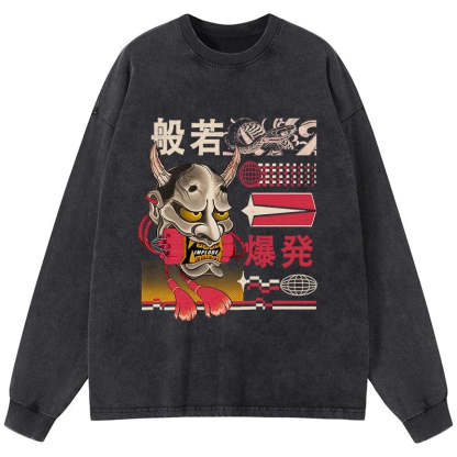 Tokyo-Tiger Hannya Mask Japanese Washed Long Sleeve T-Shirt