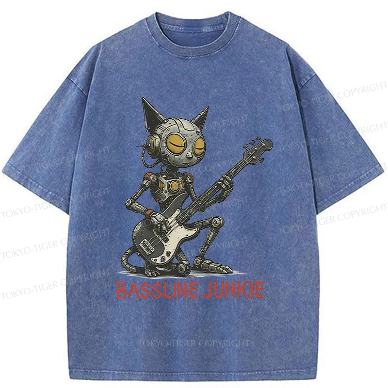 Tokyo-Tiger Robot Cat Playing Bass Washed T-Shirt