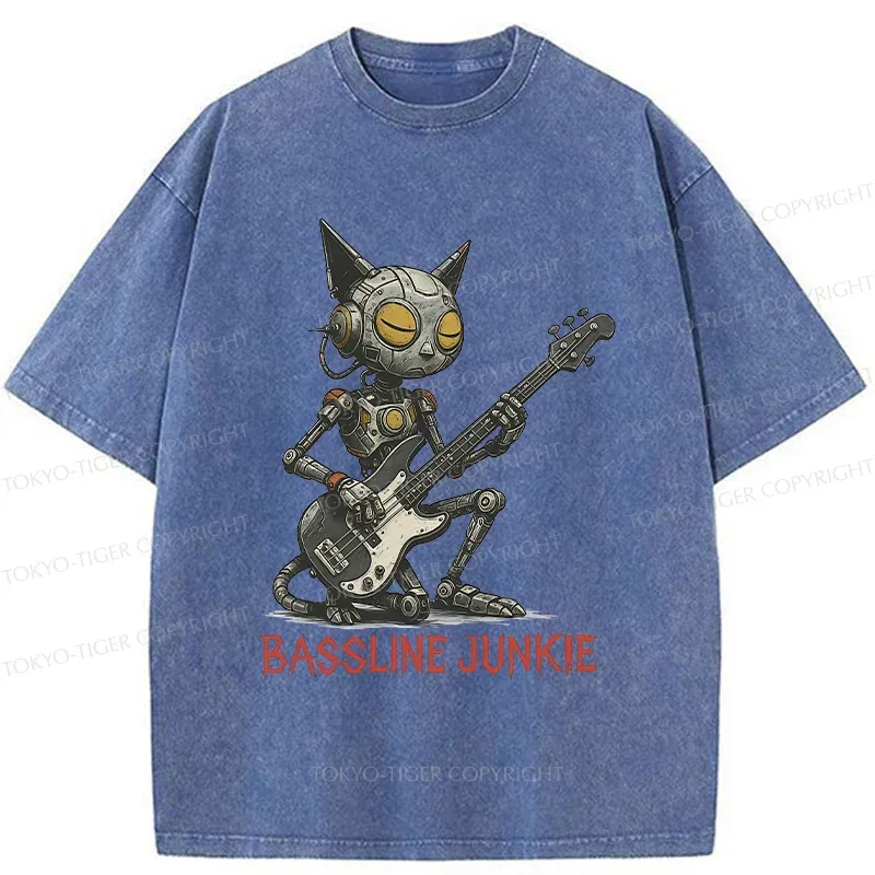 Tokyo-Tiger Robot Cat Playing Bass Washed T-Shirt