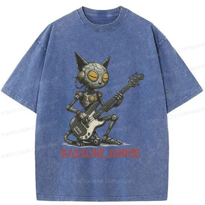 Tokyo-Tiger Robot Cat Playing Bass Washed T-Shirt
