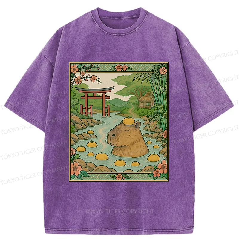 Tokyo-Tiger Bathing Capybara Ukiyoe Washed T-Shirt