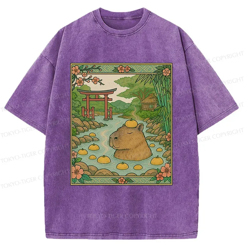 Tokyo-Tiger Bathing Capybara Ukiyoe Washed T-Shirt