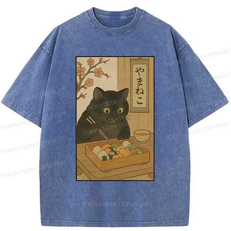 Tokyo-Tiger Black Cat Eating Sushi Washed T-Shirt