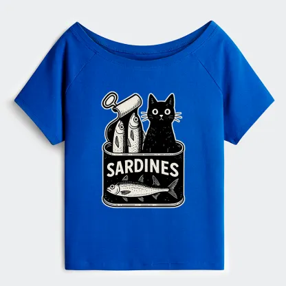 Tokyo-Tiger Cat And Canned Fish Off Shoulder T-Shirt