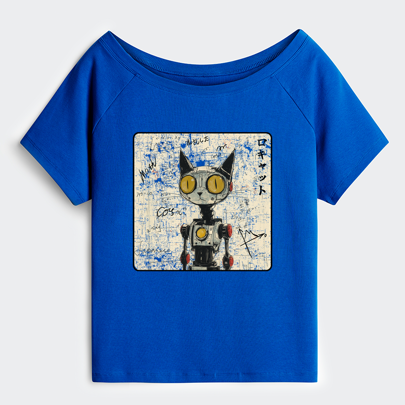 Tokyo-Tiger Robot Cat Off Shoulder T-Shirt