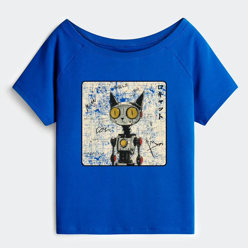 Tokyo-Tiger Robot Cat Off Shoulder T-Shirt