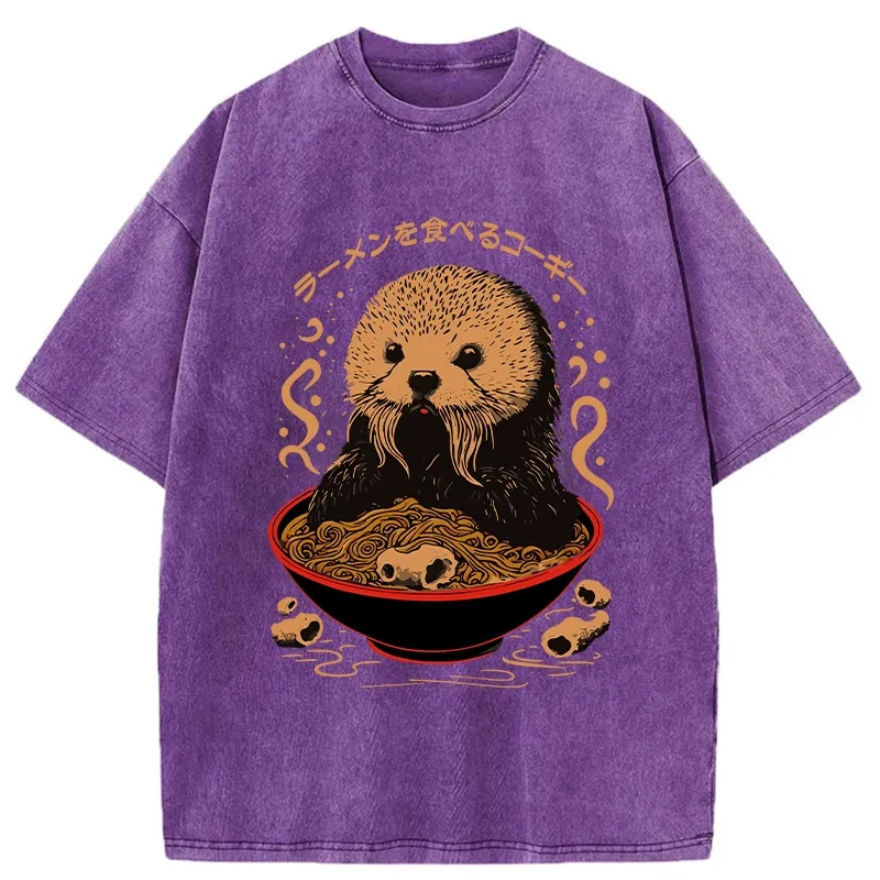Tokyo-Tiger Otter Eating Ramen Washed T-Shirt