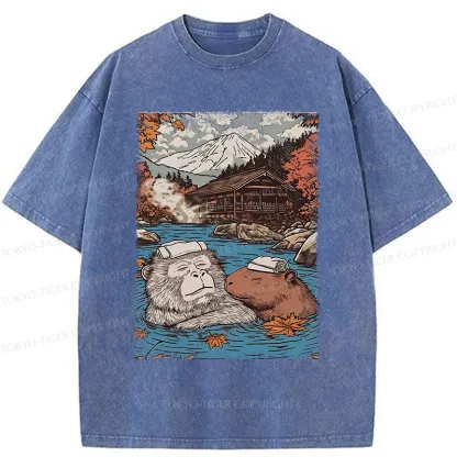 Tokyo-Tiger Monkeys And Capybaras Taking A Bath Washed T-Shirt