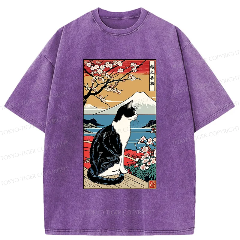 Tokyo-Tiger Thinking Cat Poster Washed T-Shirt