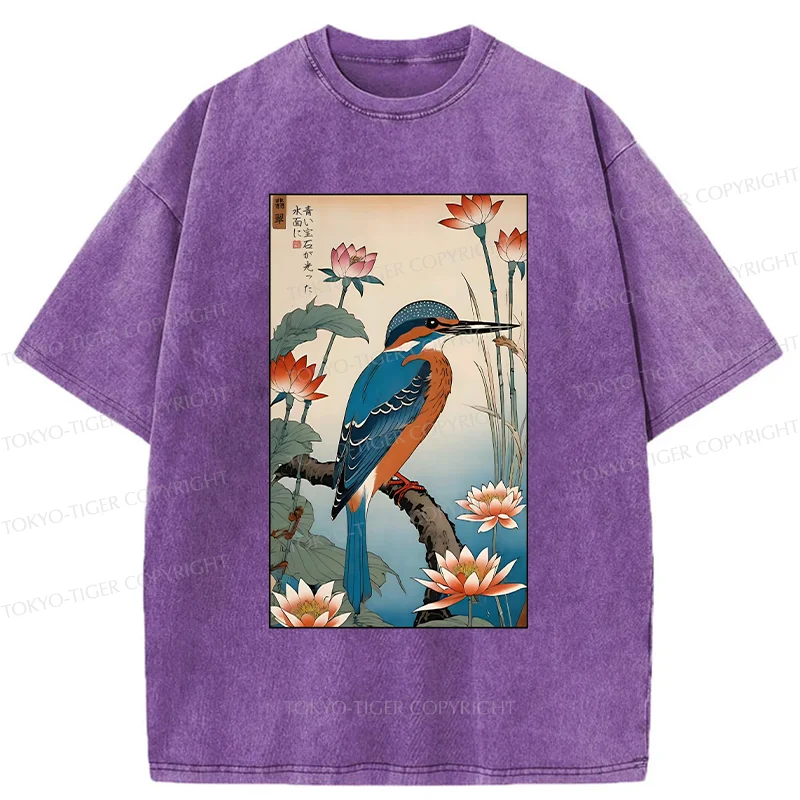 Tokyo-Tiger Ukiyo-e Kingfisher Washed T-Shirt