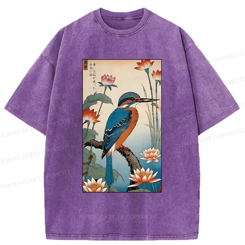 Tokyo-Tiger Ukiyo-e Kingfisher Washed T-Shirt