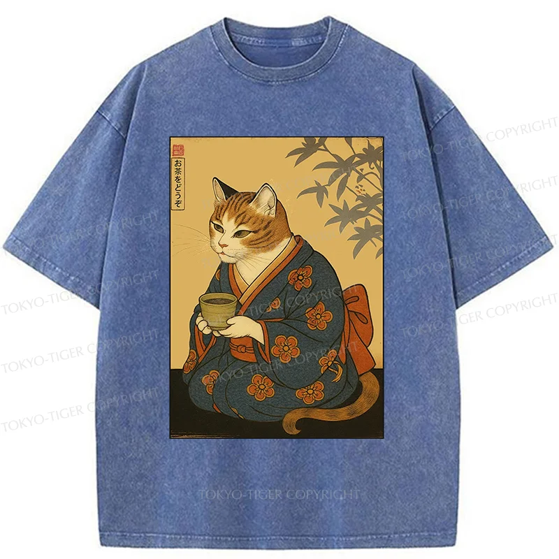 Tokyo-Tiger Ukiyoe Cat Drinking Tea Washed T-Shirt