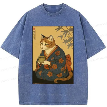 Tokyo-Tiger Ukiyoe Cat Drinking Tea Washed T-Shirt