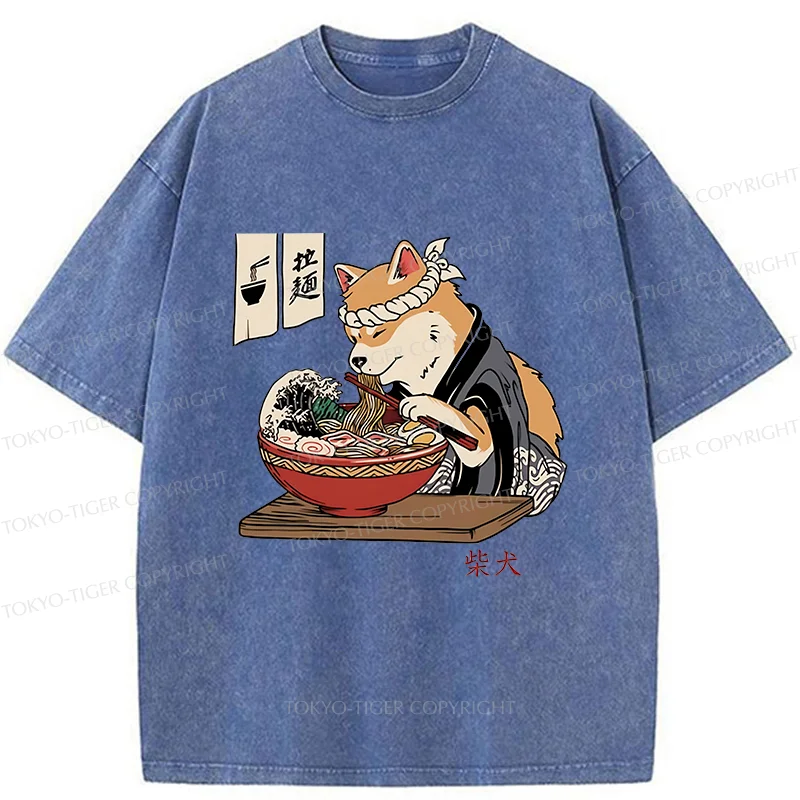 Tokyo-Tiger Shiba Inu Eating Ramen Japan Washed T-Shirt
