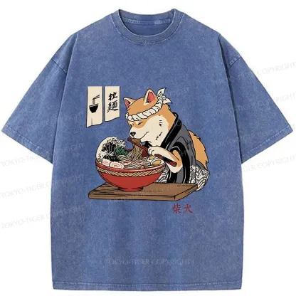 Tokyo-Tiger Shiba Inu Eating Ramen Japan Washed T-Shirt