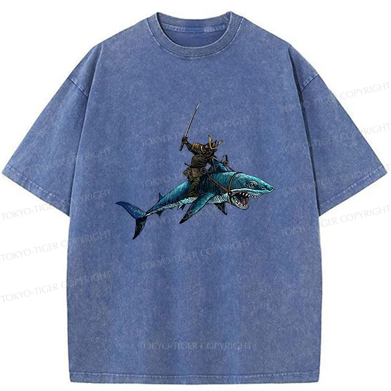 Tokyo-Tiger Samurai Riding A Shark Washed T-Shirt