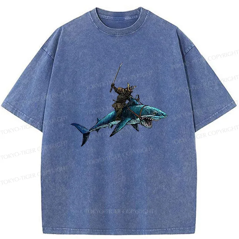 Tokyo-Tiger Samurai Riding A Shark Washed T-Shirt
