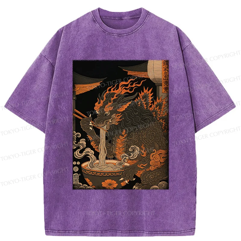 Tokyo-Tiger Kirin Eating Ramen Washed T-Shirt