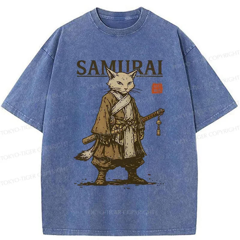 Tokyo-Tiger Samurai Cat Japan Washed T-Shirt