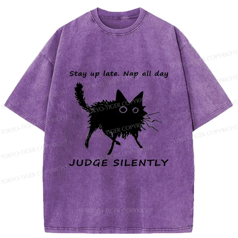 Tokyo-Tiger Lazy Black Cat Funny Washed T-Shirt