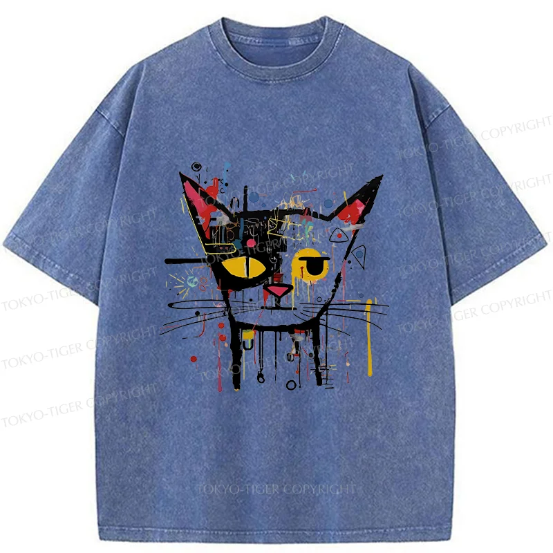 Tokyo-Tiger Abstract Cat Funny Washed T-Shirt