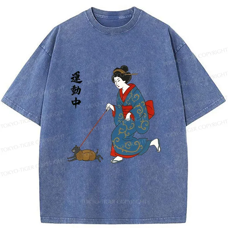 Tokyo-Tiger Geisha Walking Cat Washed T-Shirt