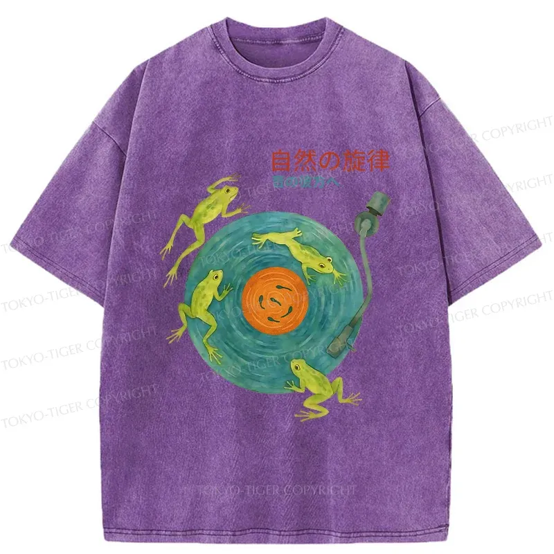 Tokyo-Tiger Frog Art Record Washed T-Shirt