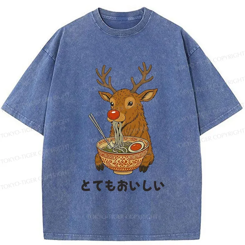 Tokyo-Tiger Reindeer Eating Ramen Washed T-Shirt
