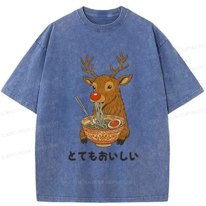 Tokyo-Tiger Reindeer Eating Ramen Washed T-Shirt