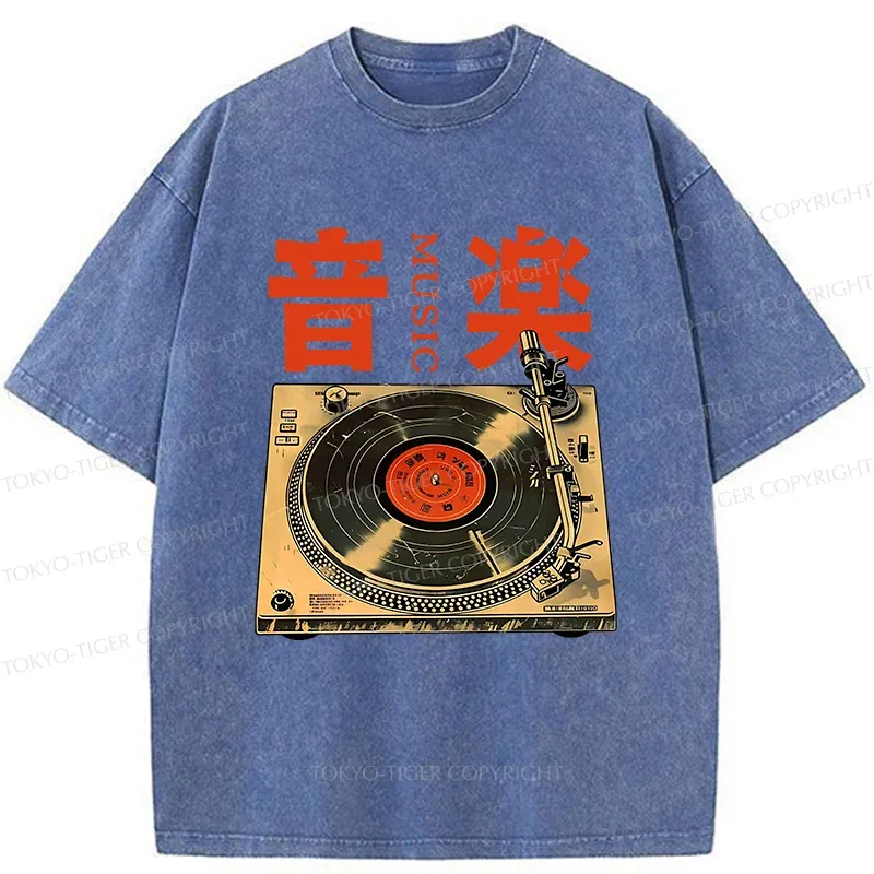 Tokyo-Tiger Retro Music Record Player Washed T-Shirt