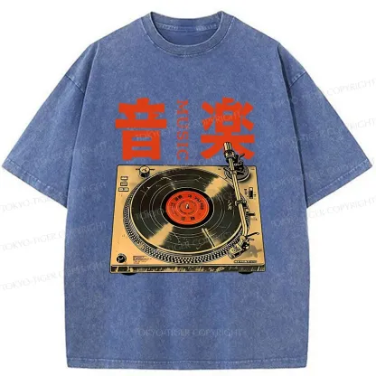 Tokyo-Tiger Retro Music Record Player Washed T-Shirt