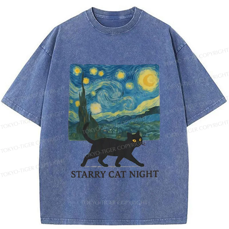 Tokyo-Tiger Cat Walking Under The Stars Washed T-Shirt