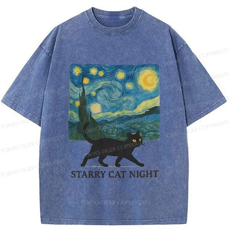 Tokyo-Tiger Cat Walking Under The Stars Washed T-Shirt