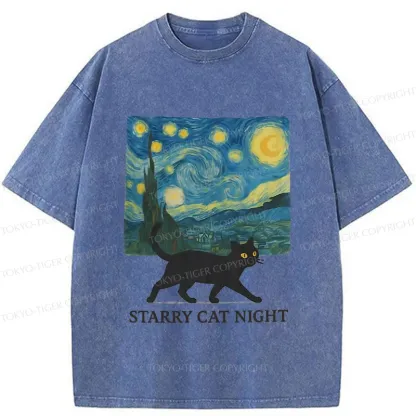 Tokyo-Tiger Cat Walking Under The Stars Washed T-Shirt