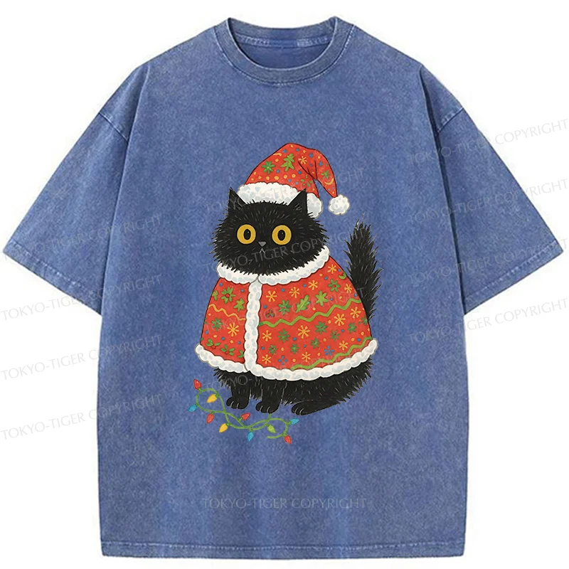 Tokyo-Tiger Cat Wearing Santa Hat Washed T-Shirt