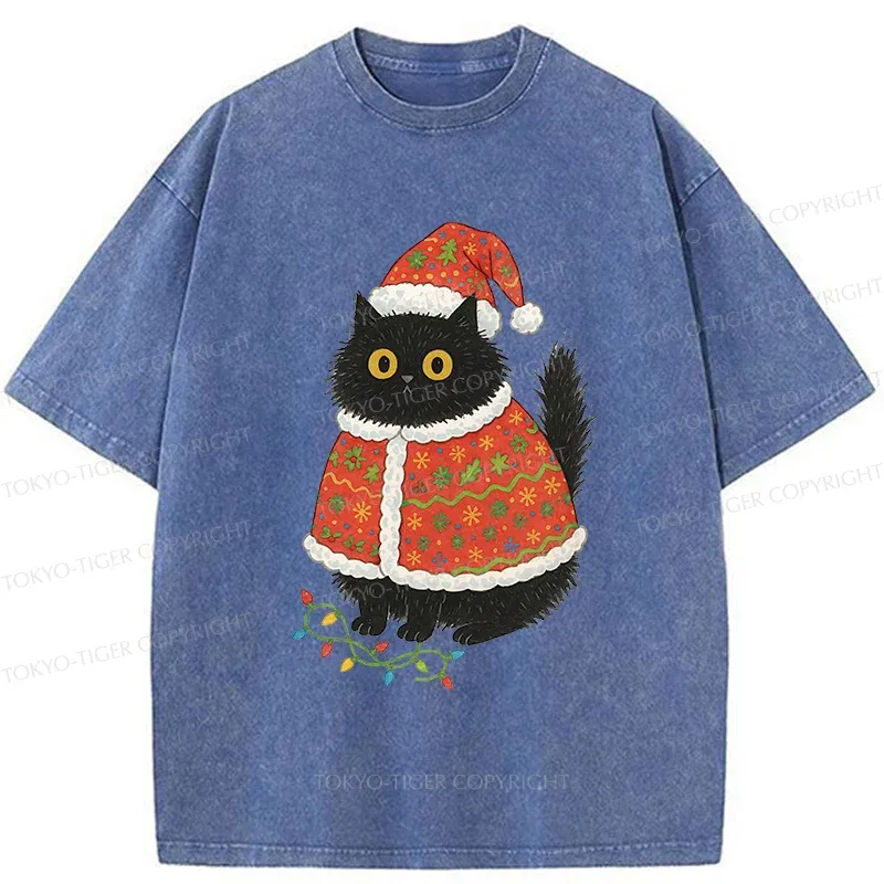Tokyo-Tiger Cat Wearing Santa Hat Washed T-Shirt