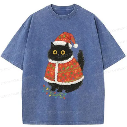 Tokyo-Tiger Cat Wearing Santa Hat Washed T-Shirt