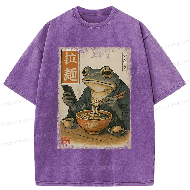 Tokyo-Tiger Funny Frog Eating Ramen Washed T-Shirt