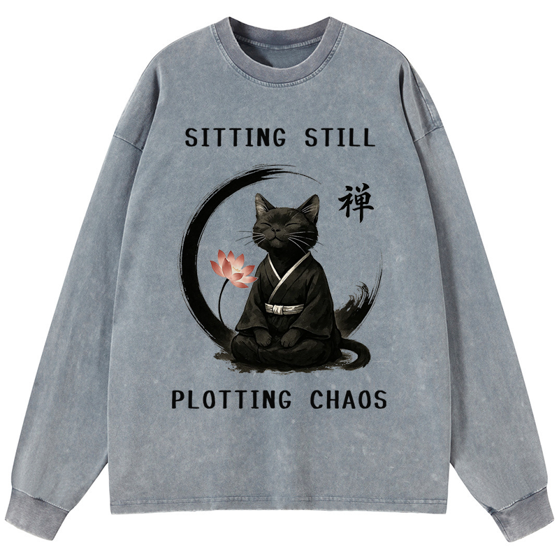 Tokyo-Tiger Sitting still  plotting chaos Calming Zen Cat Funny Washed Long Sleeve T-Shirt