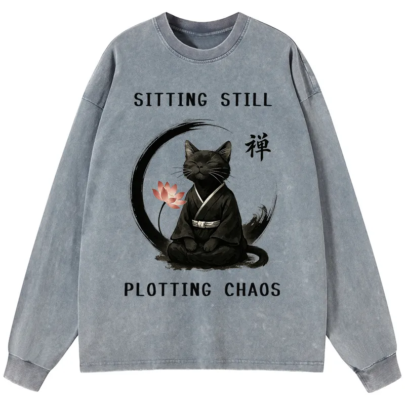 Tokyo-Tiger Sitting still  plotting chaos Calming Zen Cat Funny Washed Long Sleeve T-Shirt