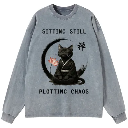 Tokyo-Tiger Sitting still  plotting chaos Calming Zen Cat Funny Washed Long Sleeve T-Shirt