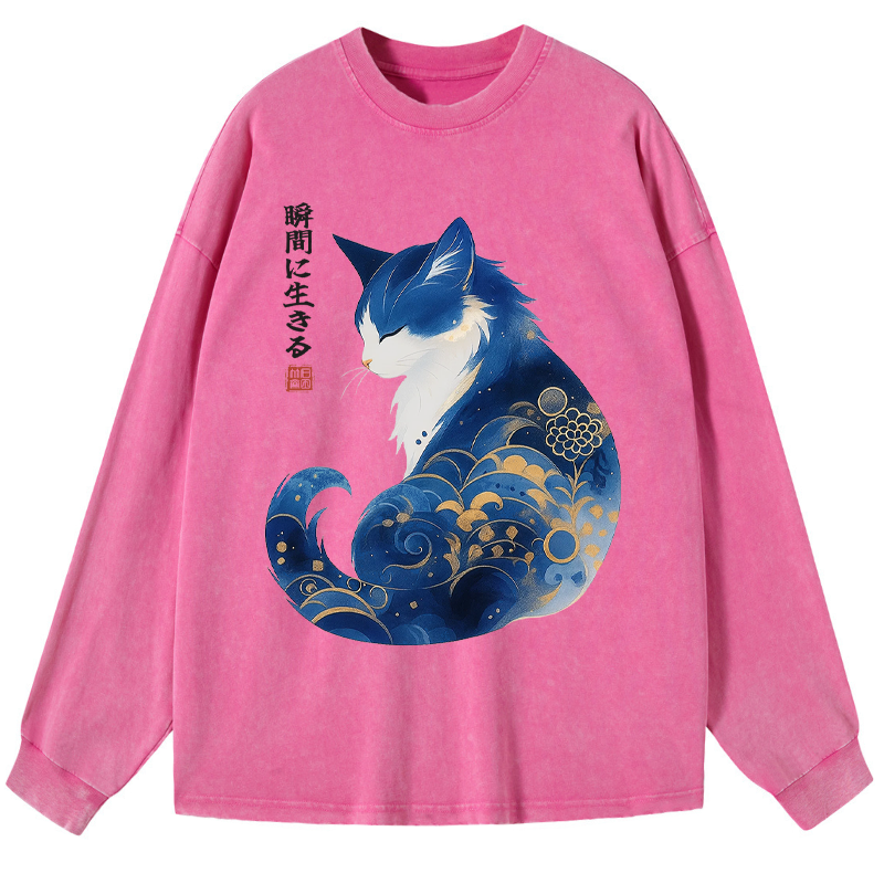 Tokyo-Tiger Retro Zen Cat: Living the Present Washed Long Sleeve T-Shirt