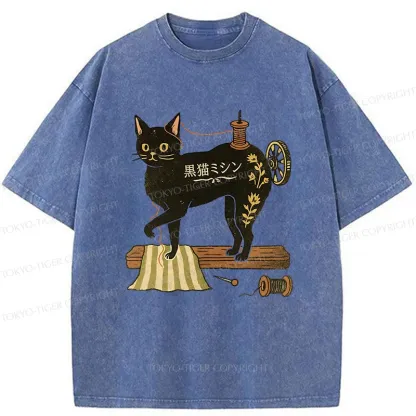 Tokyo-Tiger Sewing Machine Cat Washed T-Shirt