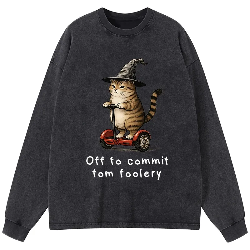 Tokyo-Tiger Orange Cat Riding Segway-style Washed Long Sleeve T-Shirt