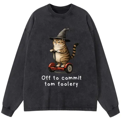 Tokyo-Tiger Orange Cat Riding Segway-style Washed Long Sleeve T-Shirt