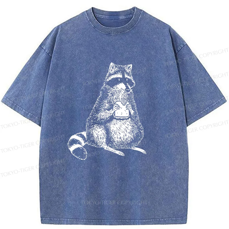 Tokyo-Tiger Raccoon Eating Bread Washed T-Shirt