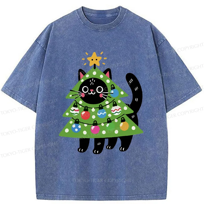 Tokyo-Tiger Christmas Tree Cat Washed T-Shirt