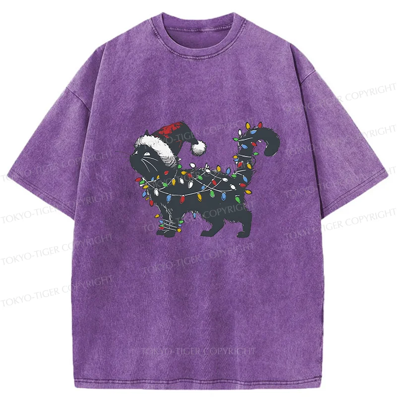 Tokyo-Tiger Cat Entangled In Christmas Lights Washed T-Shirt