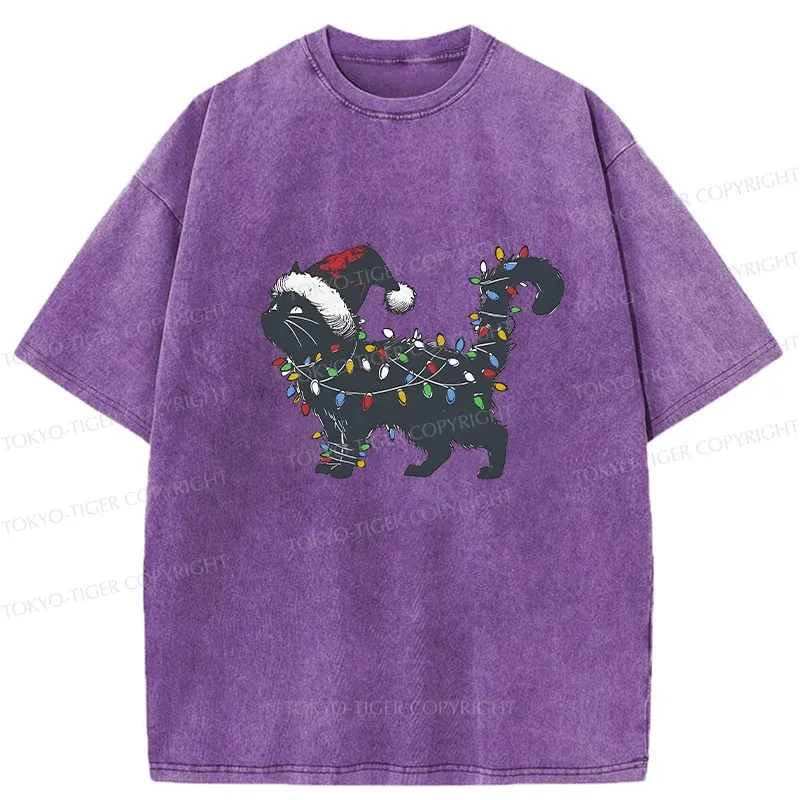 Tokyo-Tiger Cat Entangled In Christmas Lights Washed T-Shirt